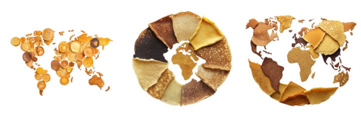 set of a world map made form pancake shapes isolated a transform background.