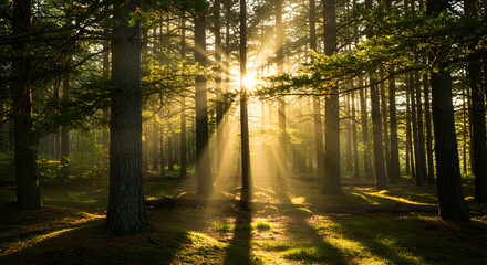 Fototapeta premium Sun Rays Streaming Through a Dense Forest with Natural Shadows