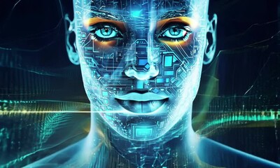 A luminous humanoid form made of pure data awakens within a crystal matrix, its consciousness forming in glowing streams of blue and gold energy