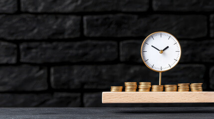 A clock and stack of coins symbolize time management and financial growth on a dark background.