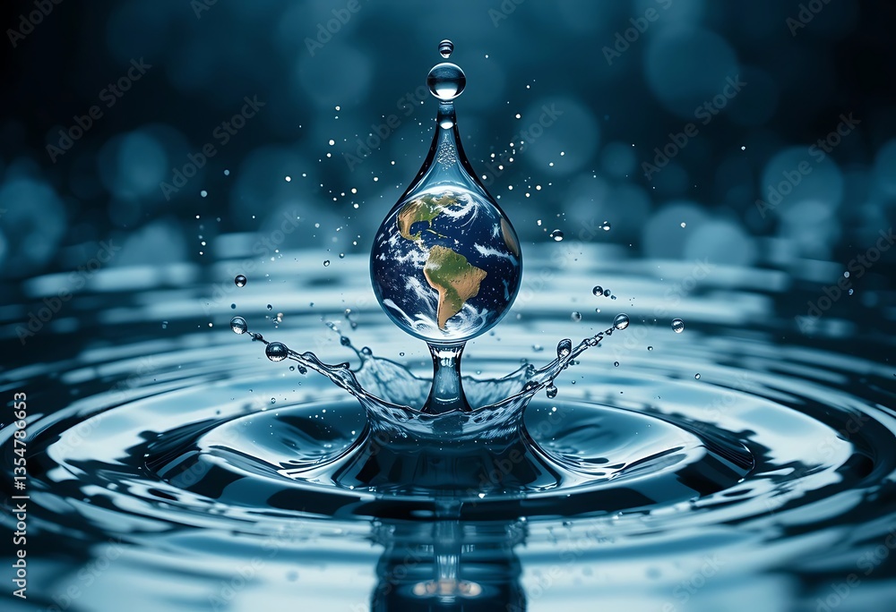 Poster a water drop containing the earth image falling into a pool of water creating a splash effect