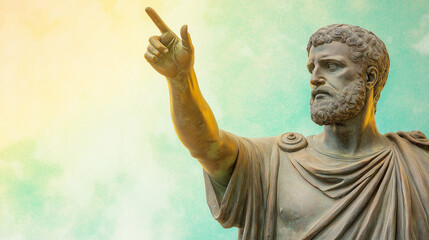 Ancient Roman Statue: An imposing statue of an ancient Roman figure, hand raised in a gesture of command, against a beautifully diffused sky with soft hues.