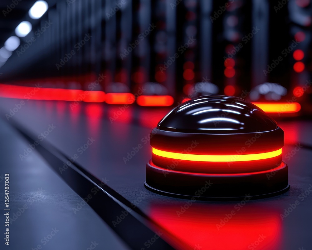 Poster a close-up of a glowing button in a dark, high-tech environment, symbolizing control and digital inn