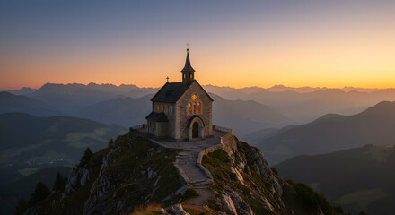 Church on Mountain Peak at Sunset with Winding Stone Path