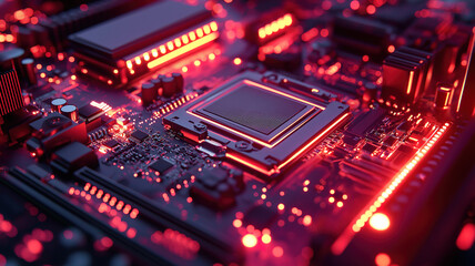 Obraz premium Close-up of a computer motherboard's internal components highlighting technology and structure