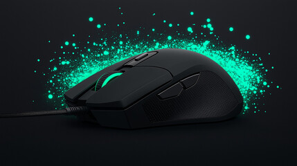 Cutting-Edge Peripherals: A sleek and modern optical mouse glows with an ethereal light against a sleek black background, offering gamers a captivating and immersive experience.