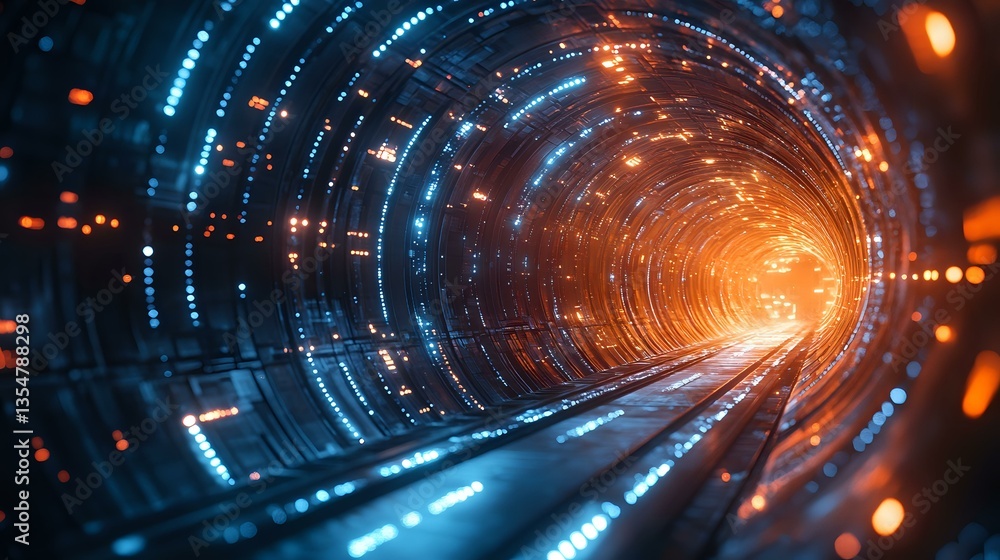 Poster abstract digital tunnel with glowing blue and orange light streaks creating futuristic perspective. 