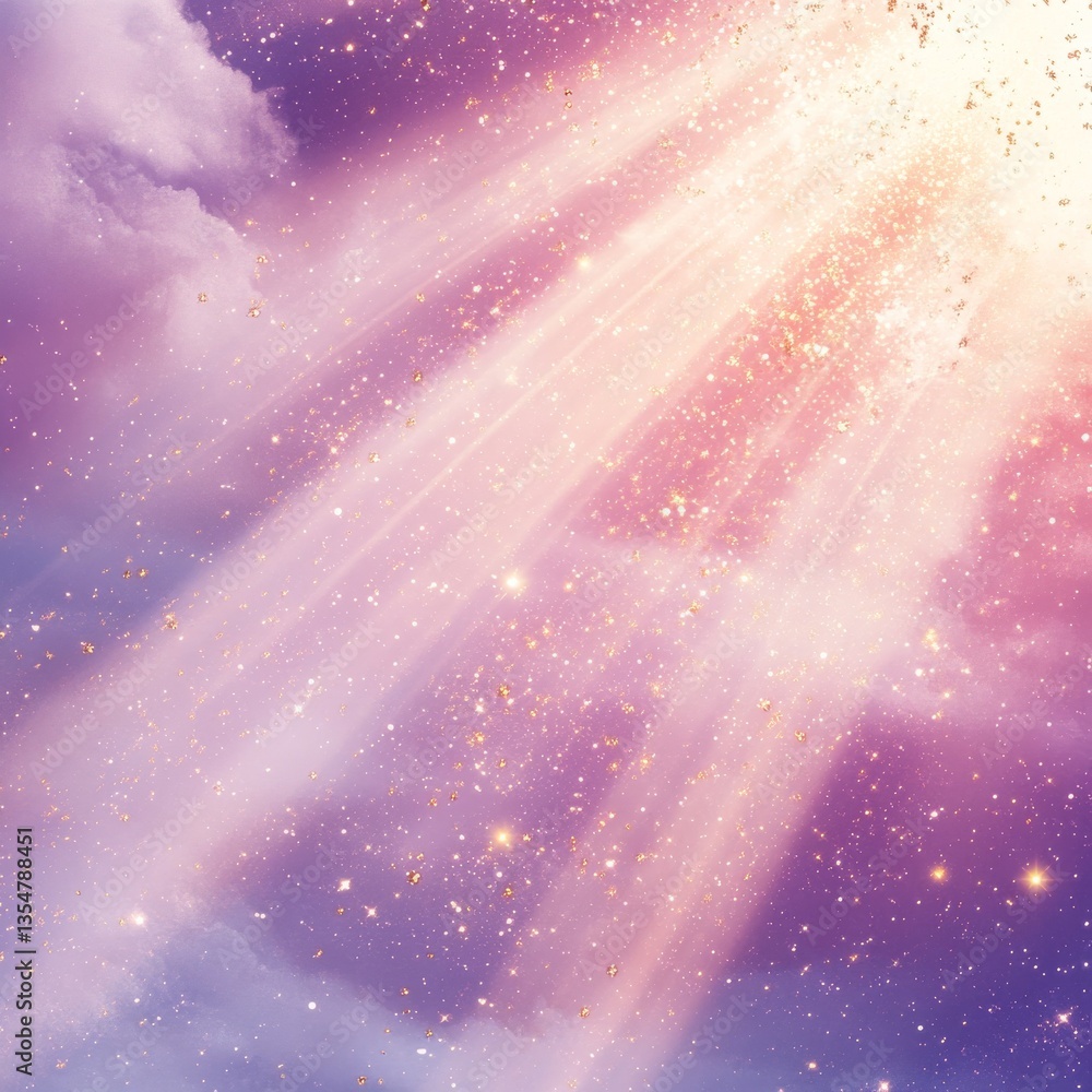 Poster celestial radiance: ethereal light beams through dreamy pink and purple clouds with sparkling golden