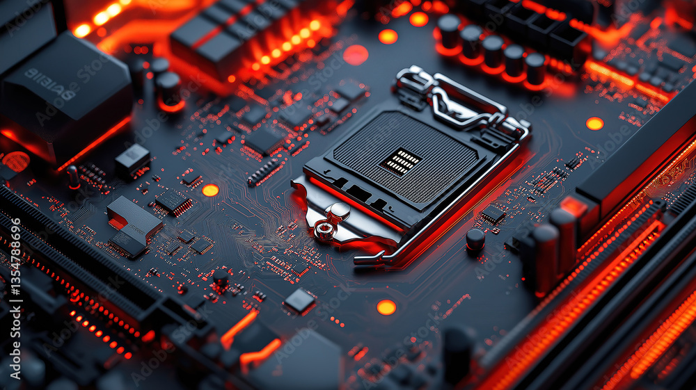 Poster detailed closeup of a computer motherboard cpu socket revealing complex hardware connections
