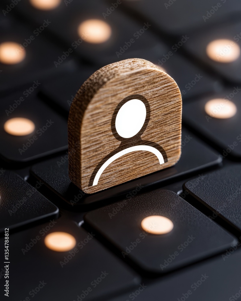 Poster a close-up of a wooden user icon on a dark keyboard showing digital connectivity and modern communic