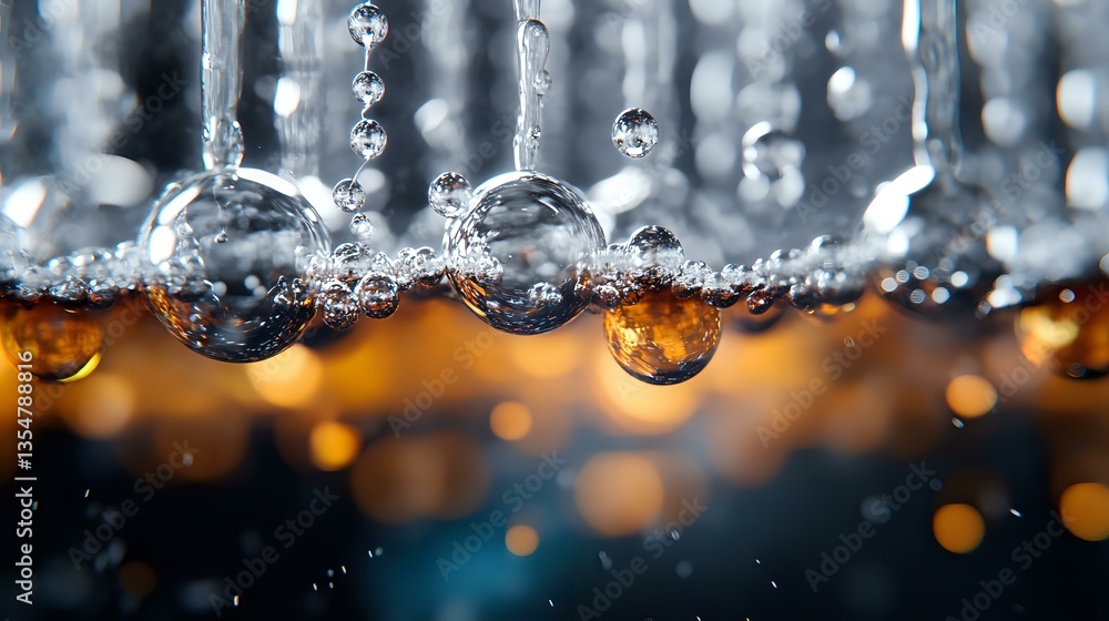 Poster macro photography of water drops with amber and blue bokeh background creating magical atmosphere. c
