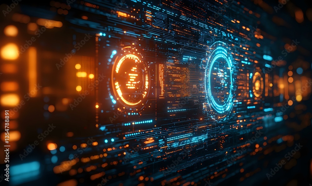 Poster futuristic digital interface with glowing orange and blue circular holograms against dark background