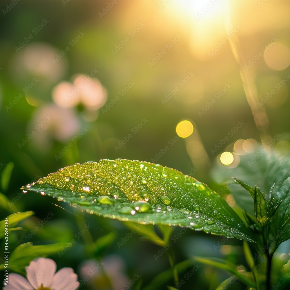 Aufkleber dew-kissed leaf: a macro view of morning's glow on a leaf covered in sparkling water droplets in a s