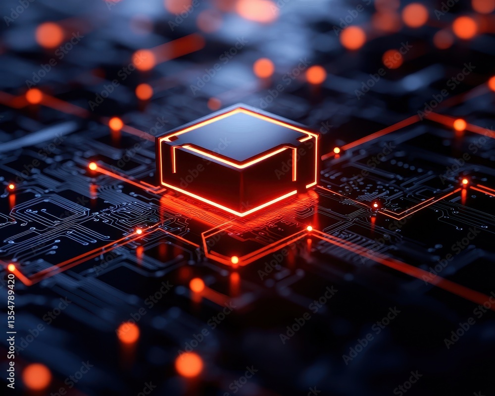 Poster a close-up view of a glowing microchip on a circuit board, illustrating advanced electronic technolo