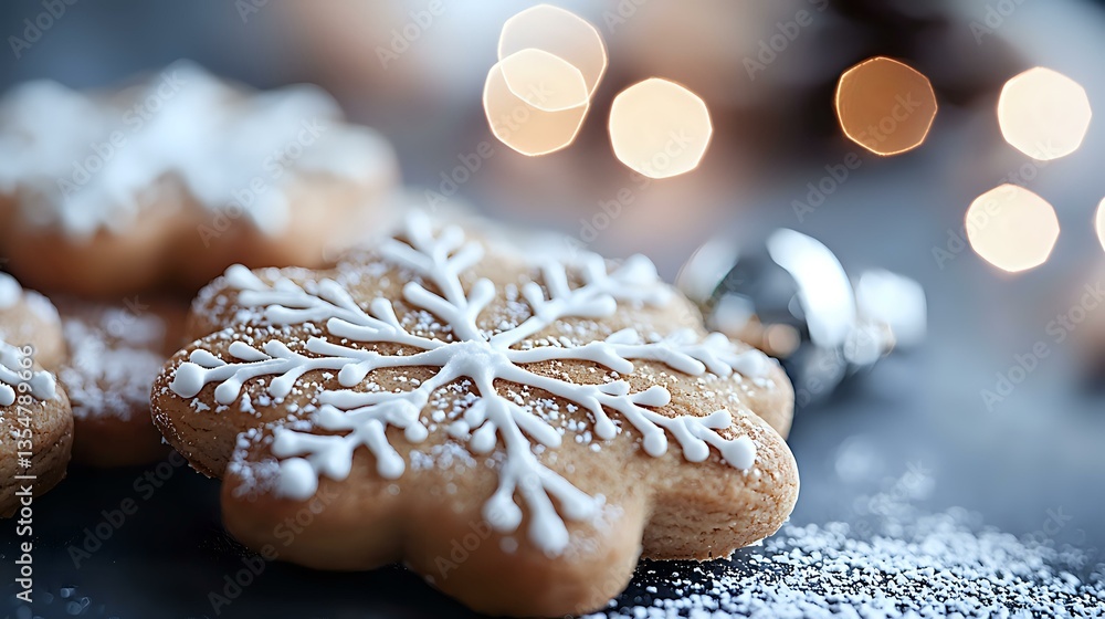 Poster festive gingerbread cookie decorated with white royal icing snowflake pattern on dark background wit