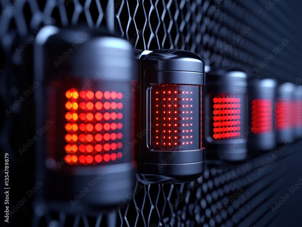 Poster a close-up view of illuminated warning lights against a dark grid background, representing advanced 