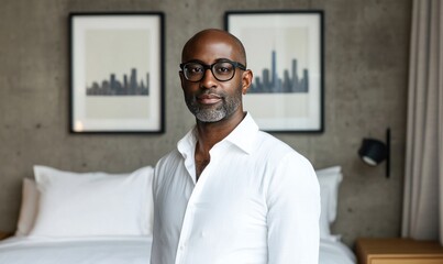 Fototapeta premium Confident middle-aged Black man in a white shirt standing in a modern bedroom.