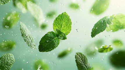 Lovely verdant mint leaves falling on a transparent ba