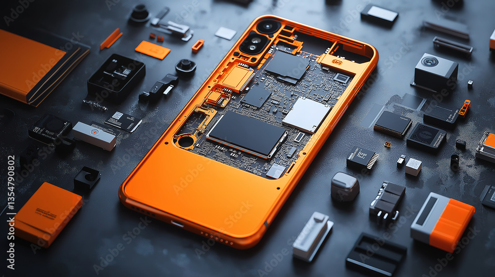 Poster visible internal components of a modern smartphone during assembly highlighting tech precision