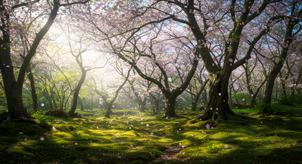 Fototapeta premium Walking Path Under Cherry Blossom Trees with Mossy Ground