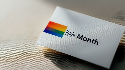 Rainbow pride flag symbol on white business card with text Pride Month, photographed in soft focus with shallow depth of field on neutral background.