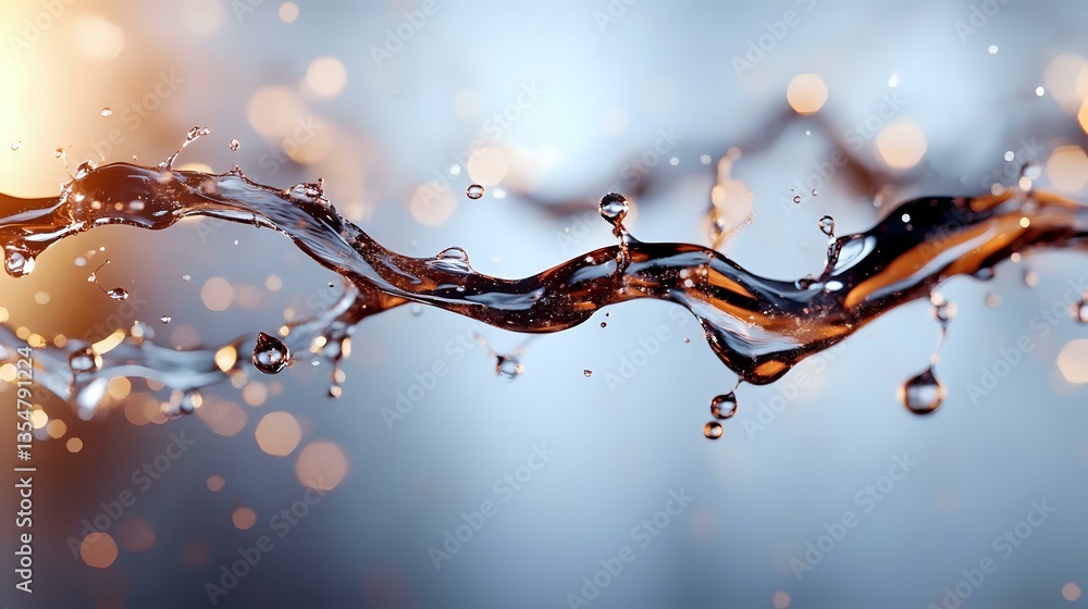 Poster dynamic liquid splash with water drops suspended in air against soft bokeh background, capturing mot