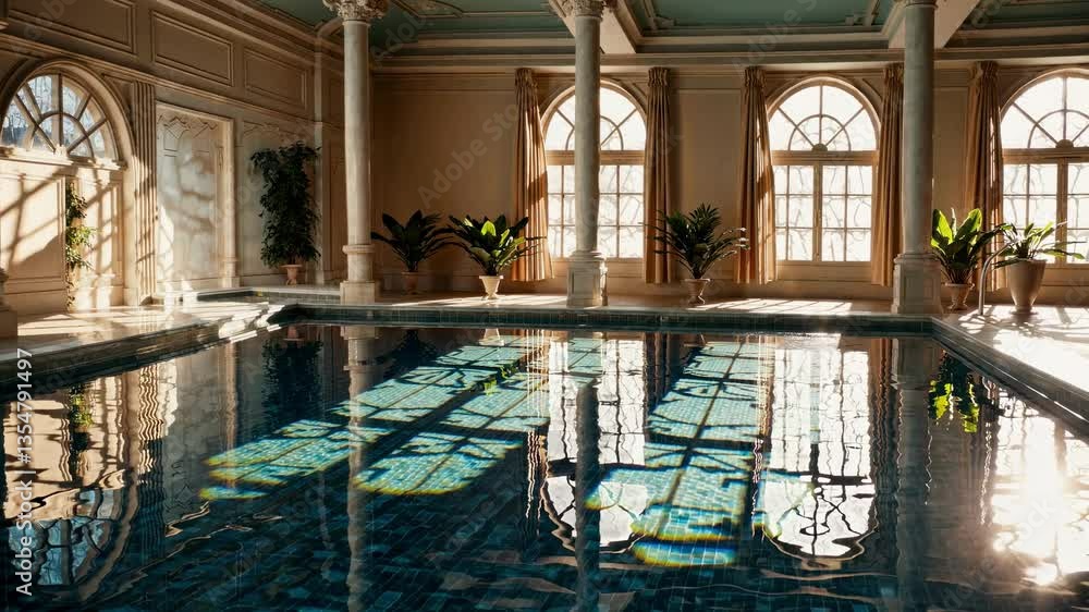 Poster luxurious indoor pool with classical architecture, captured at a low angle. sunlight streams through