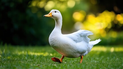 Fototapeta premium White duck walking in grassy field, outdoor nature scene, potential use in children's books or nature themes