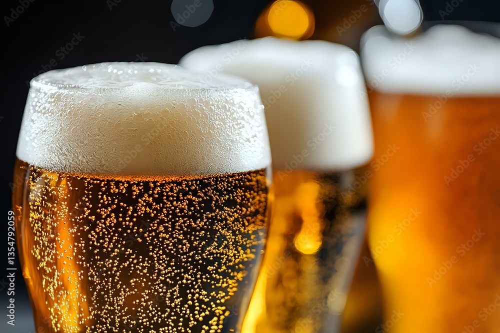 Poster fresh cold lager beer with bubbles and foam in glass, macro shot with selective focus and bokeh ligh