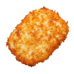 A golden-brown hash brown with a crispy texture, featuring a slightly irregular oval shape.