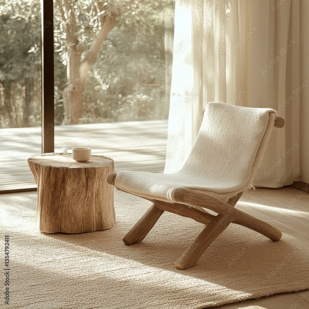 Poster rustic serenity: a simple wooden chair and tree stump table bathed in soft light near a large window