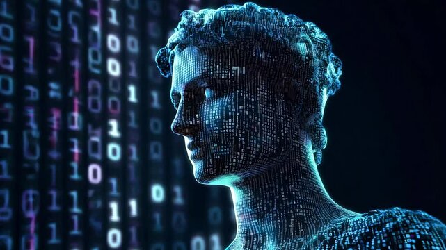 A classical sculpture reimagined with binary code, merging tradition and innovation in a futuristic setting