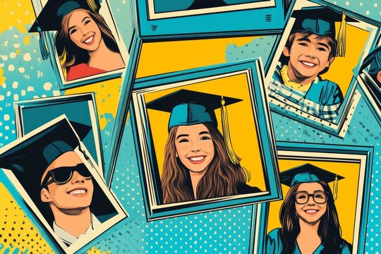 Comic Photo frame for class of 2022 in pop art style. A photo album for a graduating class or community.  Template for the design of frames for Kindergarten, photographs, posters