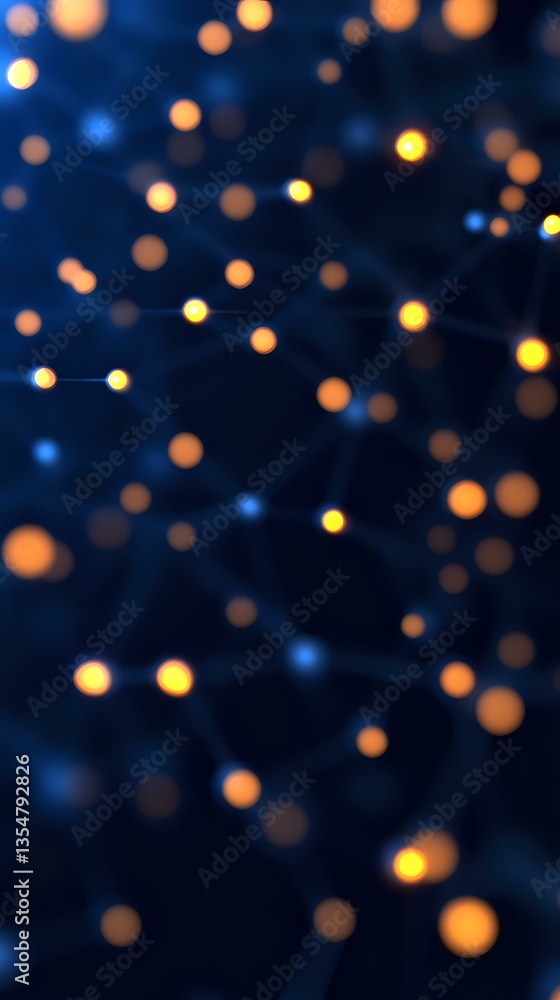 Poster glowing orange and yellow light dots connected by subtle blue lines on dark background create abstra