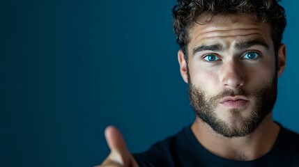 Obraz premium Young Caucasian male with blue eyes and beard looking intensely at camera against dark blue background, dramatic studio lighting creates mysterious mood.