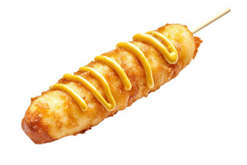 A deep-fried corndog on a stick, drizzled with mustard, showcasing a golden-brown crispy coating, Transparent Background.