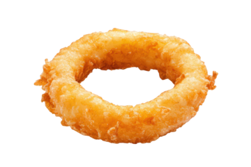 A golden-brown, crispy onion ring, featuring a distinct circular shape with a textured surface, Transparent Background.