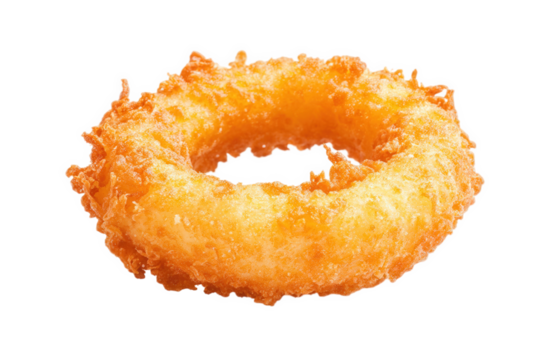 A crispy, golden-brown onion ring with a textured surface and a circular shape, Transparent Background.
