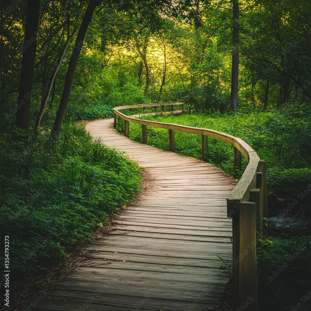 Poster Winding Wooden Path through Lush Green Forest with Sunlight Filtering through the Trees and Dense Vegetation on either side