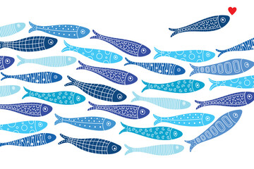 A wave of ornamental sardine. Cute vector sea 
interior poster. Blue school fish on white background. simple concept vector illustration.