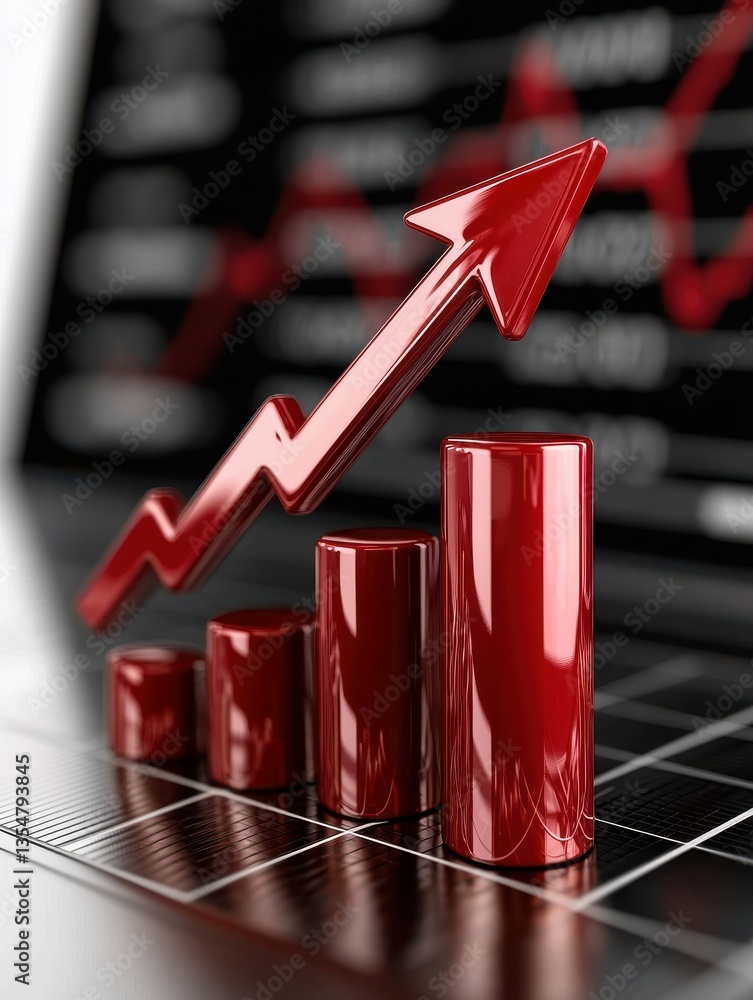 Poster a dynamic red graph showing increasing trends on a financial laptop screen. visual representation of
