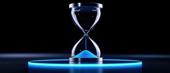 Fototapeta premium A futuristic hourglass filled with blue sand, symbolizing the passage of time against a dark background.