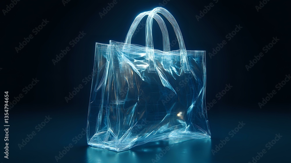 Poster glowing translucent shopping bag floating in dark space with ethereal blue light effects, creating m