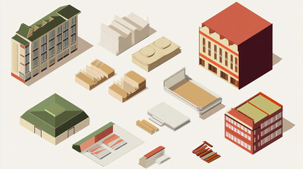 Isometric architectural models of buildings and structures, modern design elements in flat style
