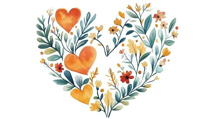 Watercolor floral heart arrangement with orange hearts and delicate flowers in teal and yellow, romantic botanical composition on white background.
