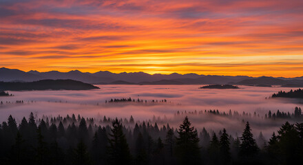 Fototapeta premium Aerial View of Forest with Morning Mist and Colorful Sunrise Sky