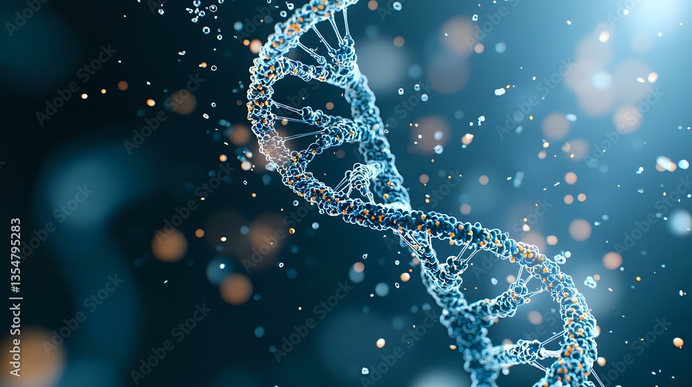 Poster glowing dna helix structure with blue light effect and bokeh particles on dark background, scientifi