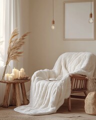 Cozy armchair with fluffy throw blanket, candles, and pampas grass.