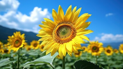 Obraz premium Vibrant Sunflower Field under a Summer Sky
