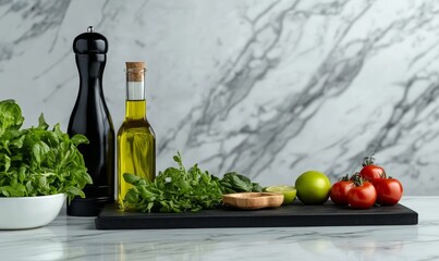olive oil virgin bottle with green salad ingredients for healthy dish making in modern clean kitchen counter setup as wide banner with copy space area